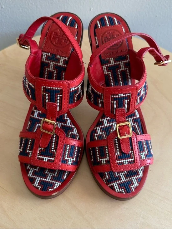 Tory Burch Florian Sandals Heels Tapestry Size 8 - Picture 6 of 15